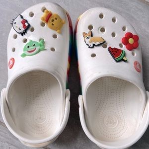 CROCS size 1 white with rainbow color.